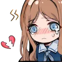 Anime girl with brown hair and blue eyes crying with a broken heart icon nearby.