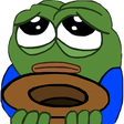 Pepe the Frog holding a brown hat with a sad expression while begging for money.