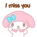 My Melody the rabbit wearing a blue bow looking sad with the text I miss you above her head.