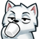 A white wolf with a smug expression holding a white mug and taking a sip.