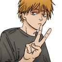 Denji from Chainsaw Man making a peace sign with a bored, deadpan expression.