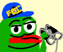 Pepe the Frog wearing a blue FBI hat and holding silver handcuffs.