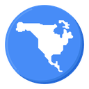 North American continent silhouette in white on a solid blue circular background.