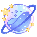 A cute, light blue planet with a ring, surrounded by small yellow stars and sparkles.
