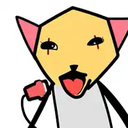 A stylized yellow cat with pink ears and a skeptical, open-mouthed expression.