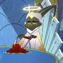 Adam from Hazbin Hotel eating a pile of red food with a goofy, unbothered expression.