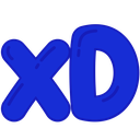 XD text in a bold blue font representing a laughing expression.