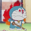 Doraemon looking furious with flames behind him while holding a wooden weapon.