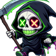 Grim reaper character with glowing green and red eyes holding a scythe.