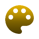 Artist palette icon with five paint circles in a gold color on a black background.