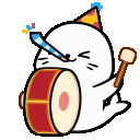 A white seal wearing a party hat playing a drum with a party blower in its mouth.