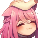 A pink-haired anime girl with cat ears receiving a gentle hand pat on her head with a happy expression.