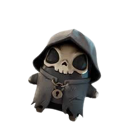 A tiny, cute grim reaper character with a skull face and a black hooded cloak.