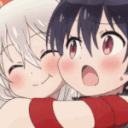 Two anime girls hugging each other tightly with happy expressions.