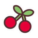 Two bright red cherries with green leaves connected by a brown stem.