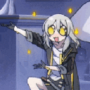Stelle from Honkai Star Rail stands with arms outstretched in a sparkly, triumphant pose with a silly expression.