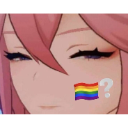 Yae Miko with a smug expression and a rainbow flag with a question mark on her cheek.