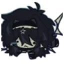 Chibi character with messy black hair and a star accessory looking moody.