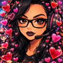 Gamer girl with glasses and a headset surrounded by floating pink and red hearts.