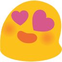 Yellow blob character with bright pink heart-shaped eyes and a wide, happy smile.
