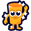 A golden cylinder character with a friendly face and arms waving, surrounded by sparkling star effects.