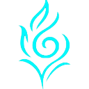 Glowing cyan swirl symbol against a black background.