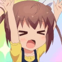 Anime girl with brown hair waving her arms and squinching her face in a playful tantrum.