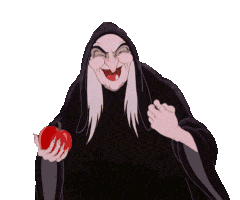 The Evil Queen from Snow White laughing maniacally while holding a bright red apple.