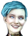 Woman with short blue hair and glowing white eyes smiling with a mysterious expression.