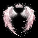 Wings and a crown glowing with a soft pink light against a black background.
