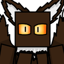 A brown block-headed creature with glowing orange eyes and white fur trim stares intensely forward.
