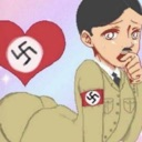 Anime character in a suggestive pose next to a red heart containing a swastika.