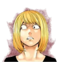 Anime girl with blonde hair looking up with a confused and shocked expression.