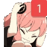 Anya Forger holding her head in distress with a red notification badge floating above her.