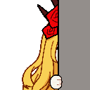 Anime girl with red eyes and a rose crown peeking from behind a gray wall.