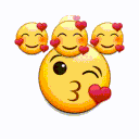 Kissing face emoji surrounded by several smaller floating faces with hearts.