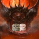 Two small kittens sitting on a dark, ornate throne surrounded by flames.