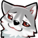 A gray wolf character with red eyes and a sly, mischievous smirk.