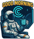 Astronaut sitting in a spaceship cockpit holding a steaming blue mug with the text Good Morning above.