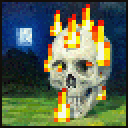 Skull engulfed in bright orange flames against a dark blue night sky with a moon.
