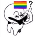 A line-art character wearing sunglasses holding a rainbow flag with a question mark above their head.