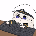 Anime girl in a military cap typing rapidly on a keyboard.