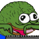 A brain-shaped Pepe character with wide eyes typing rapidly on a keyboard.