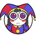 Pomni the jester with wide, swirling eyes and a sad expression.