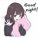 Anime girl waving goodbye while holding a pink pillow with the text Good night.