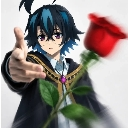 Anime boy with blue hair reaching out and offering a single red rose.