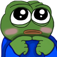 Pepe the Frog with large glossy eyes and pink blushing cheeks looking shyly while touching his fingers together.