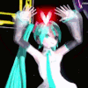 Hatsune Miku performs a dance and forms a glowing heart with her hands.