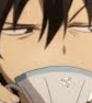Anime character with a smug expression sipping from a cup.