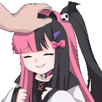 Anime girl with pink and black hair smiling while receiving a gentle headpat from a hand.